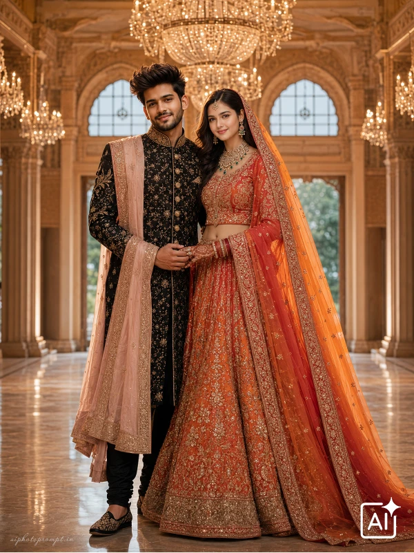 Bride and groom in black sherwani and orange lehenga under palace mandap chandeliers, regal mood