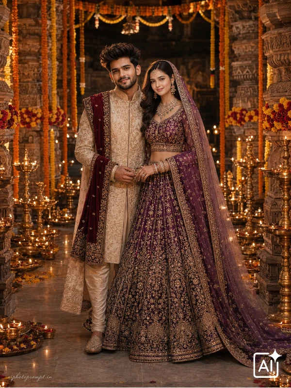 Bride and groom in cream sherwani and purple lehenga inside diya lit ancient temple courtyard, sacred mood