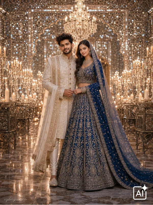 Bride and groom in white sherwani and royal blue lehenga inside mirrored Sheesh Mahal hall, glamorous mood