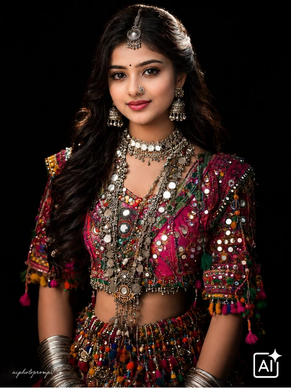 ChatGPT banjara dress prompt for girls, studio black backdrop editorial portrait, bold dramatic mood