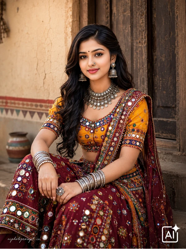 ChatGPT banjara dress prompt for girls, village doorstep candid portrait, warm relaxed mood