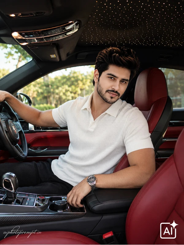 ChatGPT car ai photo prompt for boys, luxury sedan interior with starlight roof, premium warm mood