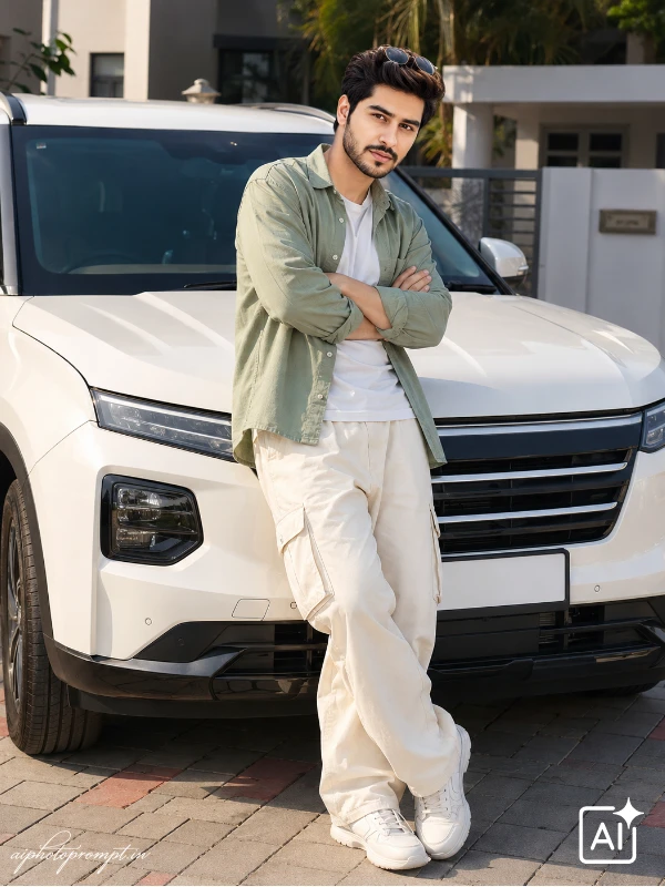 ChatGPT car ai photo prompt for boys, pearl white SUV driveway lean, bright confident mood
