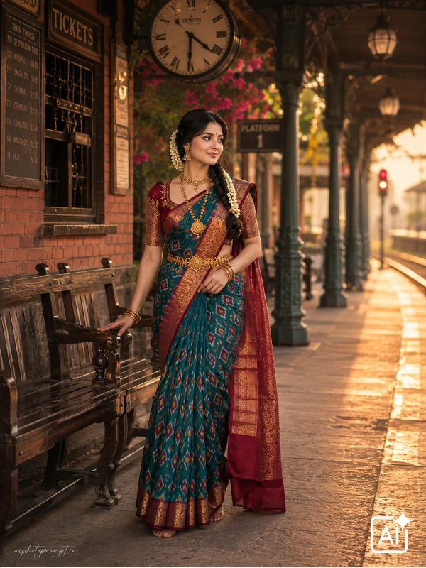 ChatGPT prompt for traditional look for girl, Pochampally ikat saree at heritage railway station, vintage nostalgic mood