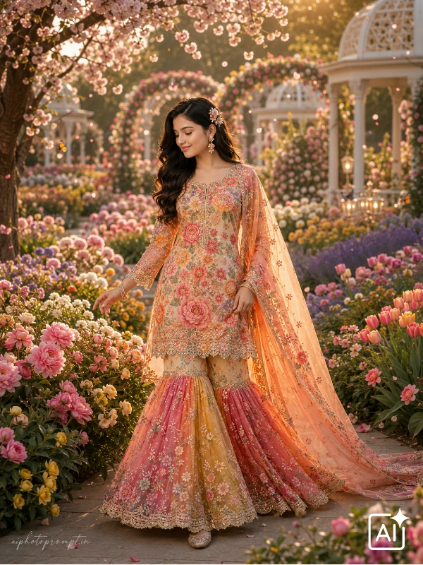ChatGPT sharara dress prompt for girls, sunset sharara walking flower garden path, dreamy candid mood