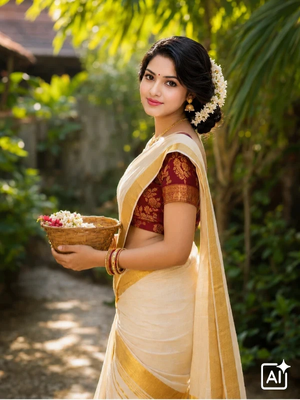 ChatGPT traditional saree prompt for girl, emerald Kanchipuram silk on wooden bridge, candid cinematic mood