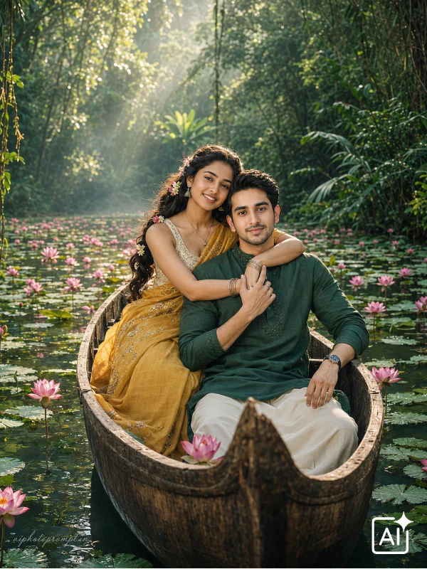 Couple embracing in wooden canoe inside hidden forest lotus lagoon, warm tender mood