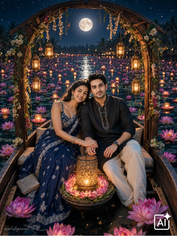 Couple holding hands on lantern lit boat under full moon over lotus lake, romantic glowing mood