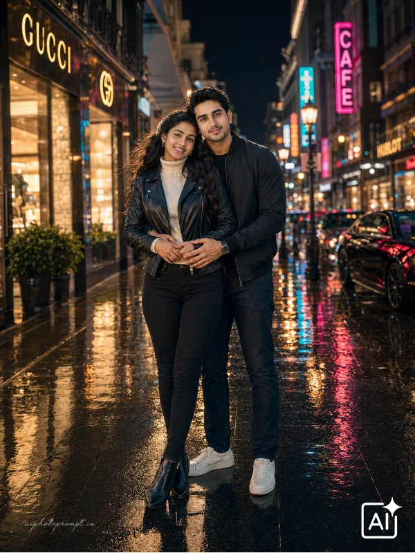 Couple hugging on rainy neon lit luxury street at night, black leather jacket, cinematic mood