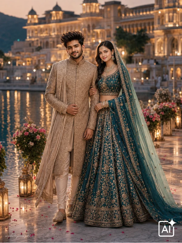 Couple in beige sherwani and teal lehenga walking beside twilight lakeside palace, dreamy mood