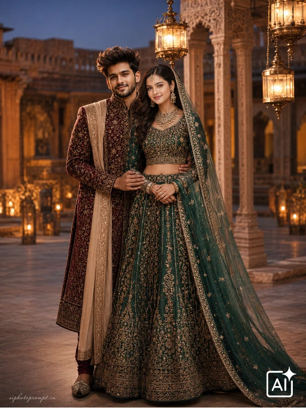 Couple in burgundy sherwani and emerald lehenga inside lantern lit sandstone fort at dusk, moody mood