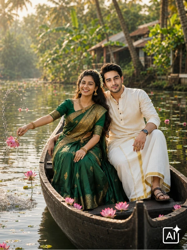 Couple in emerald saree and ivory kurta sitting in Kerala snake boat on backwater, warm golden mood