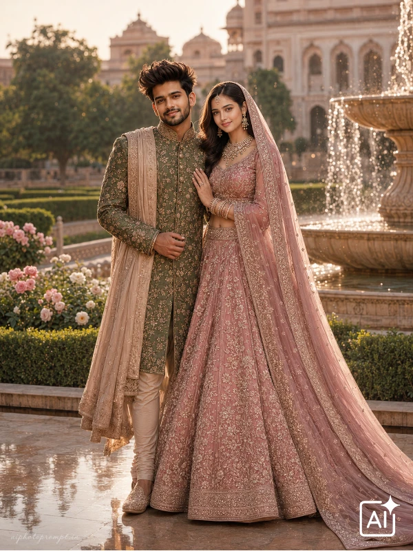 Couple in olive sherwani and blush lehenga beside blooming palace garden fountain, playful mood