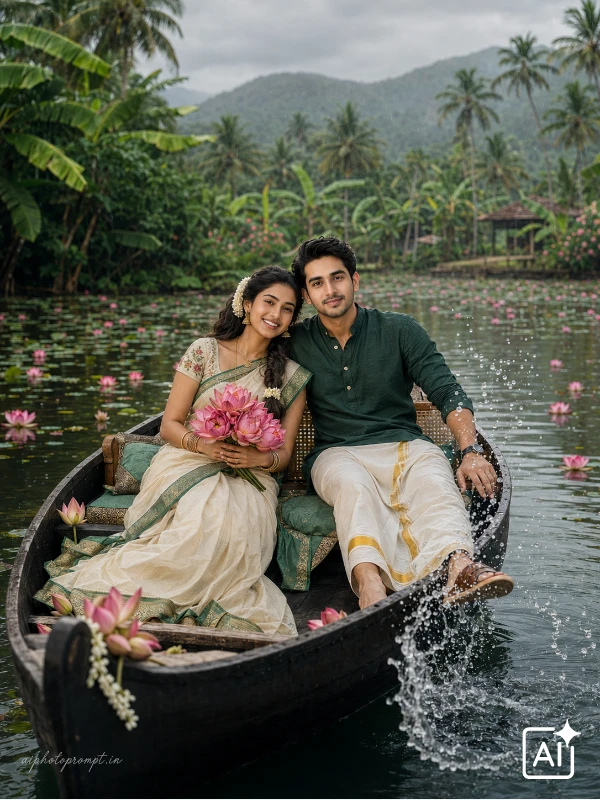 Couple laughing in canoe splashing water during monsoon backwater ride, fresh joyful mood