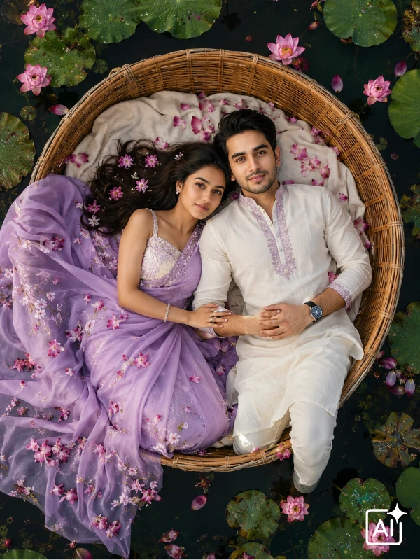 Couple lying inside circular bamboo raft surrounded by pink lotus flowers, aerial dreamy mood