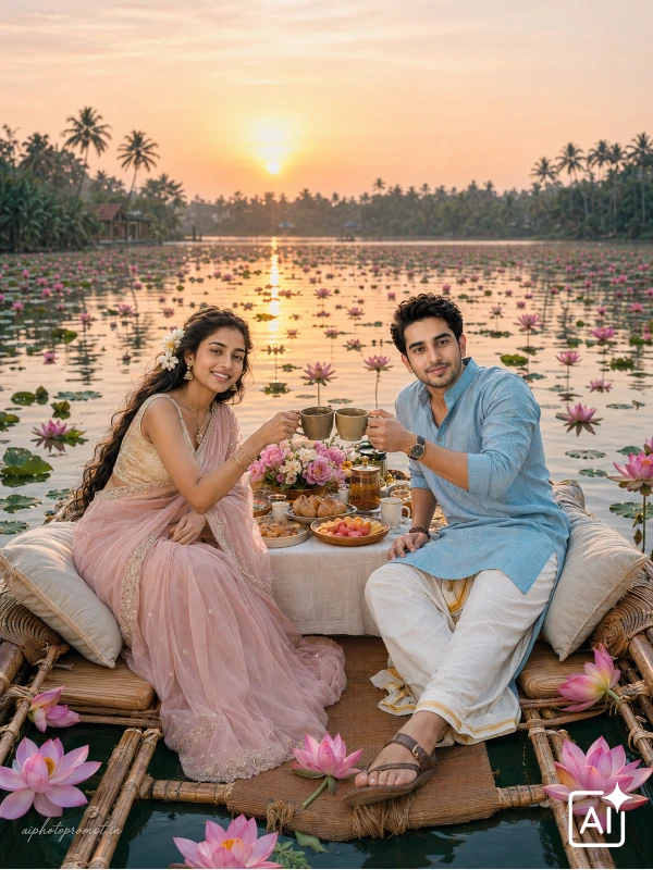Couple sharing breakfast on floating bamboo raft among lotus flowers at sunrise, soft luxurious mood