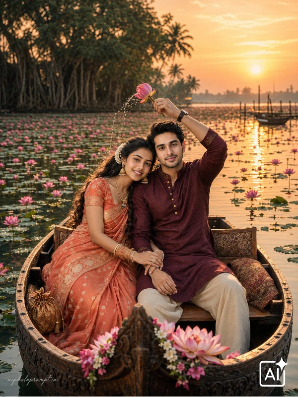 Couple sitting close in wooden boat on lotus lake at golden sunset, warm cinematic mood