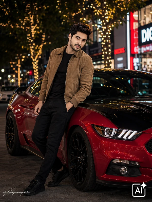 Gemini ChatGPT car prompt for boys, red sports car night with bokeh lights, dramatic cinematic mood