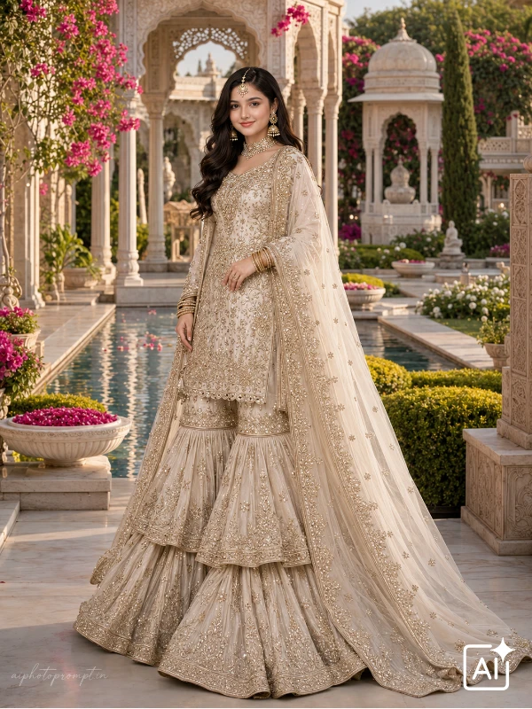 Gemini ai photo prompt for girls, ivory pearl sharara in blooming Mughal garden, soft elegant mood