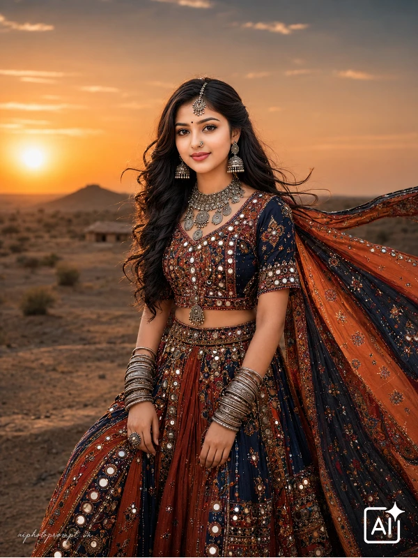 Gemini banjara dress ai photo prompt for girls, desert dusk regal portrait, dramatic warm mood