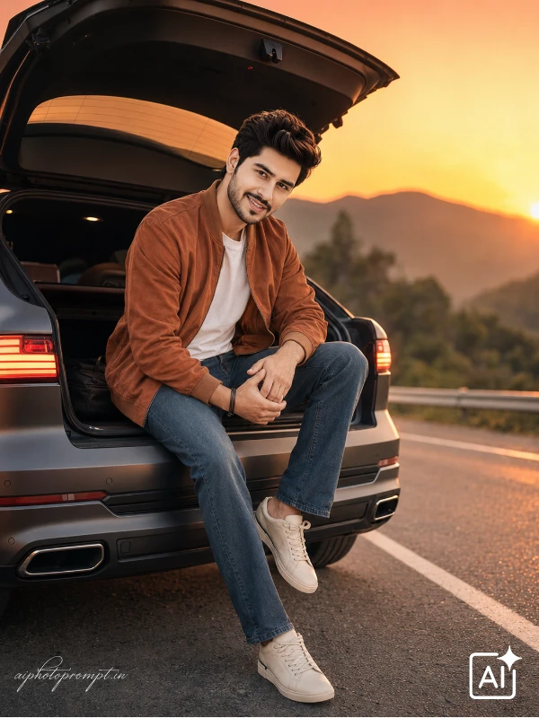 Gemini car photo prompt for boys, SUV trunk sit on highway at sunset, golden cinematic mood