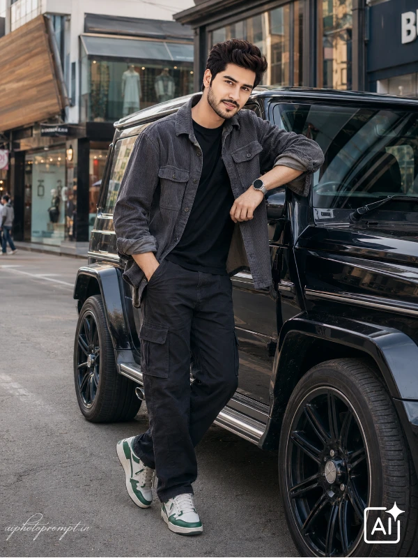 Gemini car photo prompt for boys, black SUV street lean with storefronts, warm editorial mood