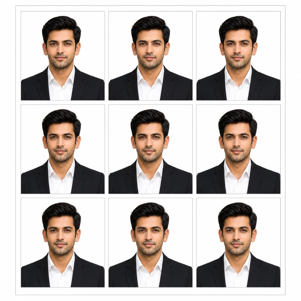 Gemini passport size photo prompt, nine identical photos in 3x3 print sheet grid, efficient practical mood