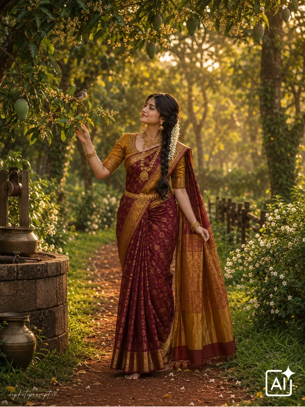 Gemini prompt for traditional look for girl, Dharmavaram silk saree in blooming mango orchard, warm joyful mood
