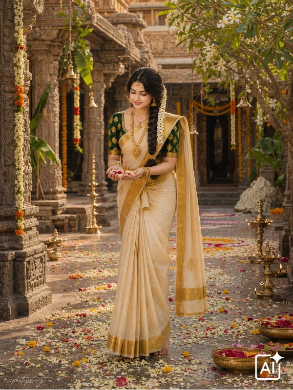 Gemini prompt for traditional look girl, saree amid flower petals in temple courtyard, festive rich mood