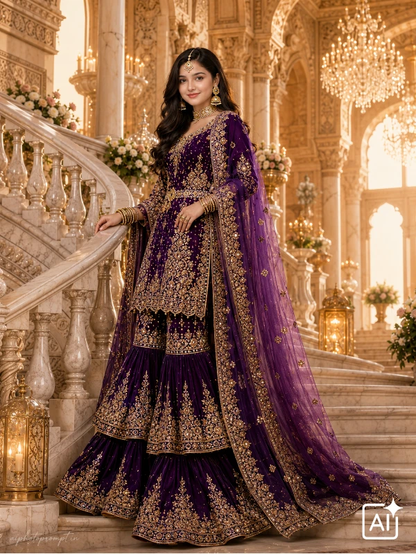 Gemini sharara dress ai photo prompt, amethyst purple sharara on marble palace staircase, majestic moody