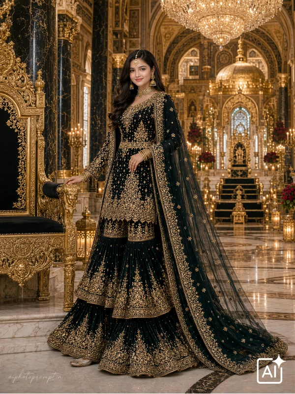 Gemini sharara dress ai photo prompt, black and gold sharara in imperial throne hall, dramatic luxe mood
