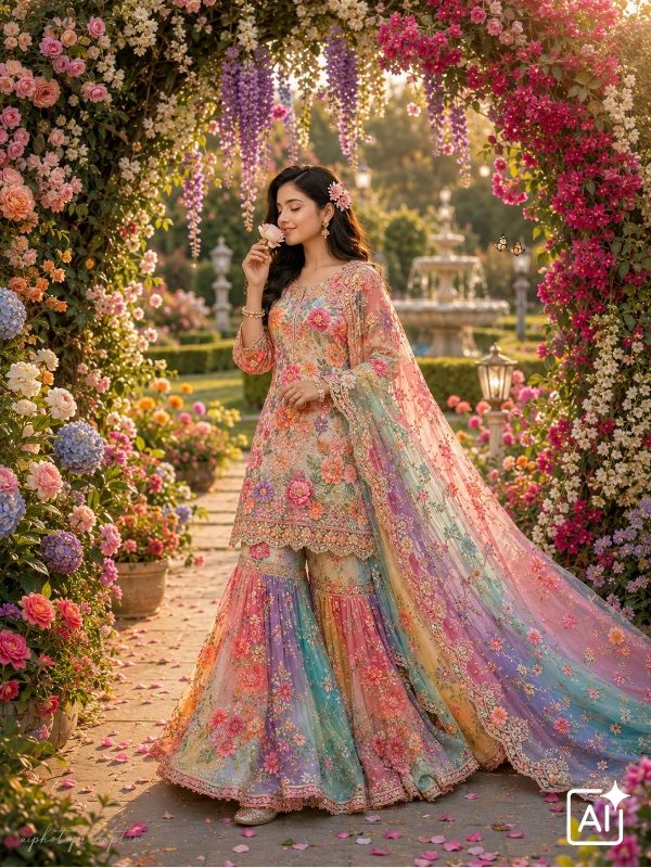 Gemini sharara dress ai photo prompt, floral sharara under blooming rose arch smelling flower, romantic soft mood