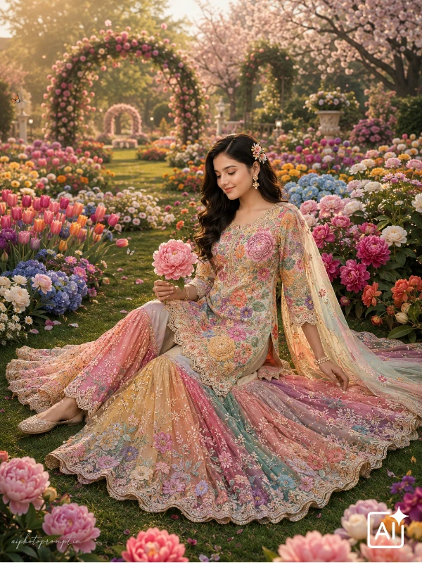 Gemini sharara dress ai photo prompt, pastel sharara sitting among blooming flowers on grass, soft peaceful mood