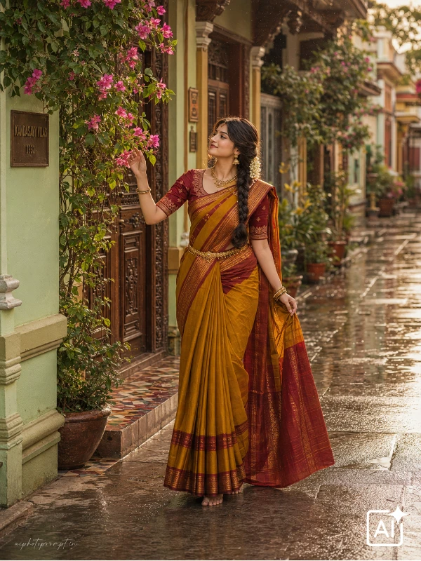 Gemini traditional look prompt for girls, Chettinad cotton saree on rainy heritage street, moody rustic mood