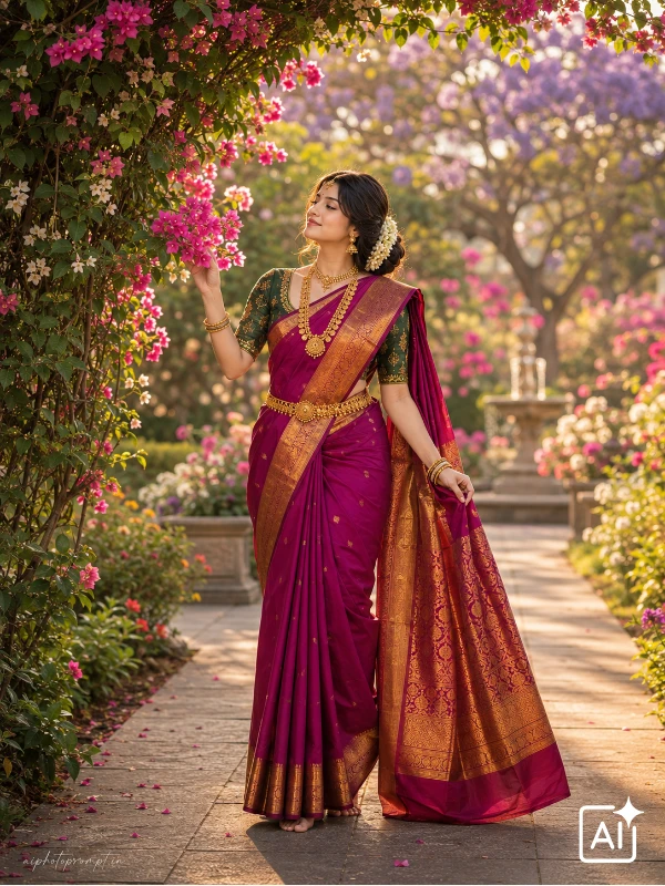 Gemini traditional look prompt for girls, Kanchipuram silk saree in blooming botanical garden, lush vibrant mood