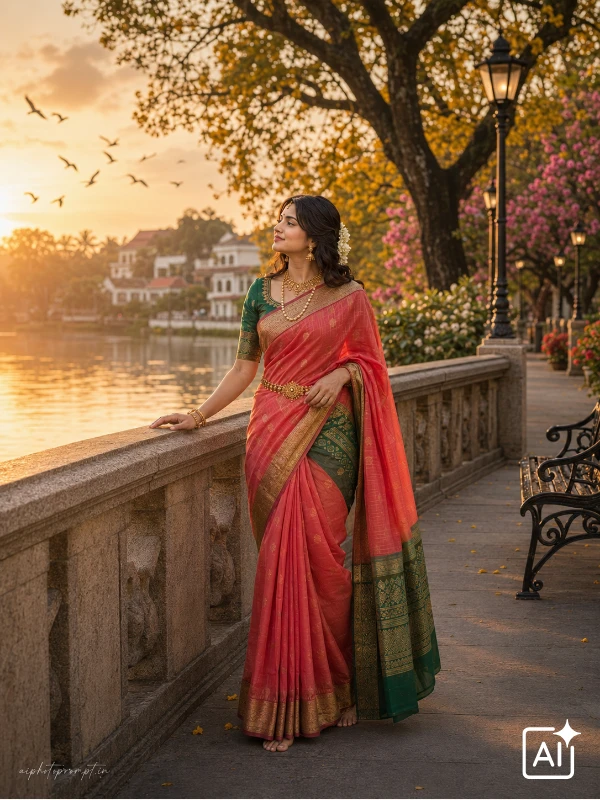 Gemini traditional look prompt for girls, Mangalagiri silk saree on riverside heritage promenade, golden elegant mood