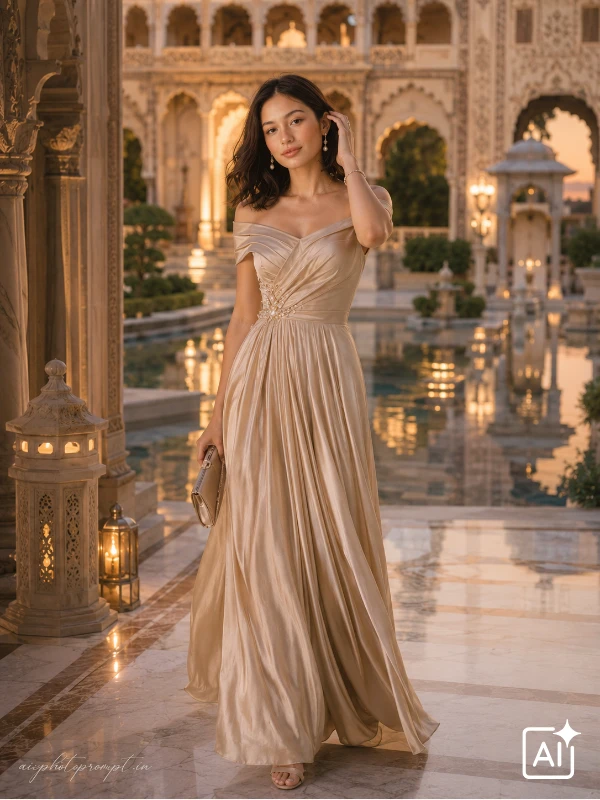 Girl in champagne gold gown walking through heritage palace courtyard at sunset, regal golden mood