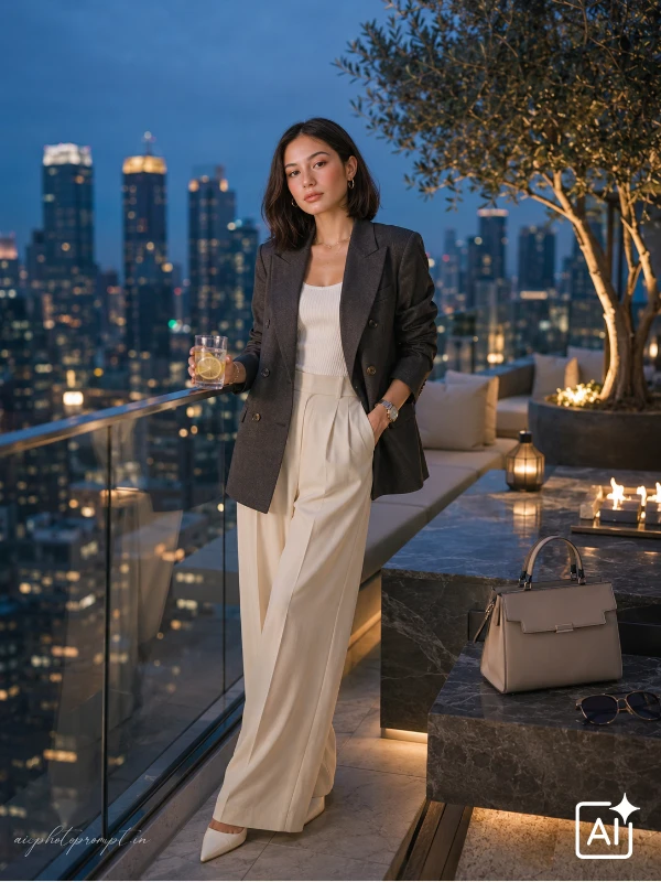 Girl in charcoal blazer and ivory knit standing on rooftop penthouse at blue hour, sleek confident mood