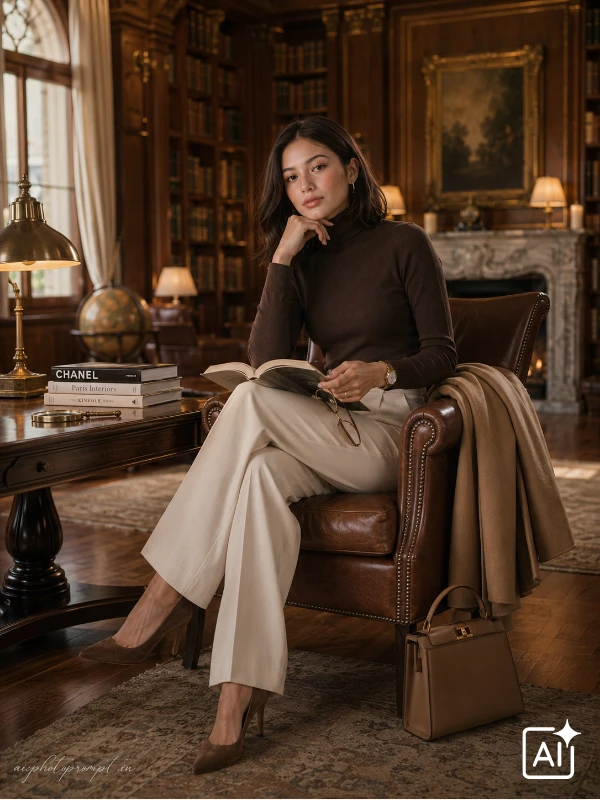 Girl in chocolate turtleneck reading in private luxury library armchair, warm refined mood