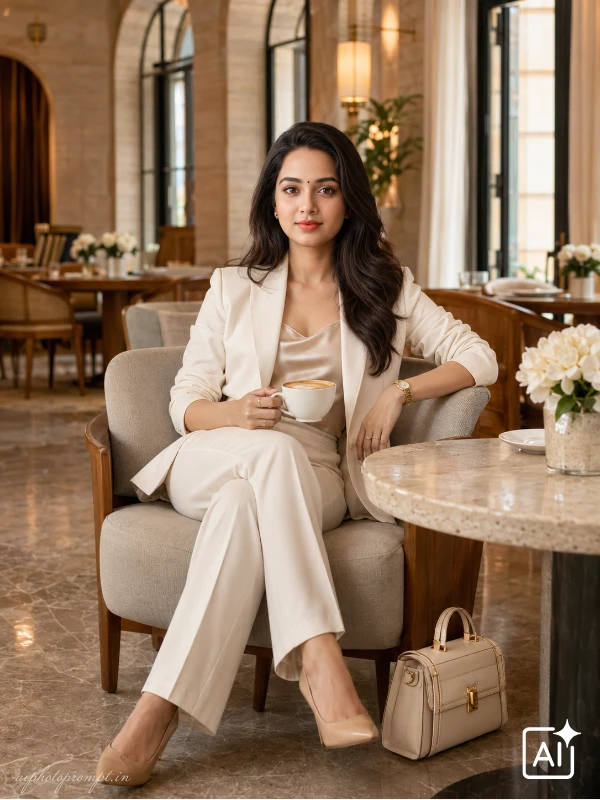 Girl in ivory blazer and trousers seated in luxury boutique hotel cafe, calm elegant mood