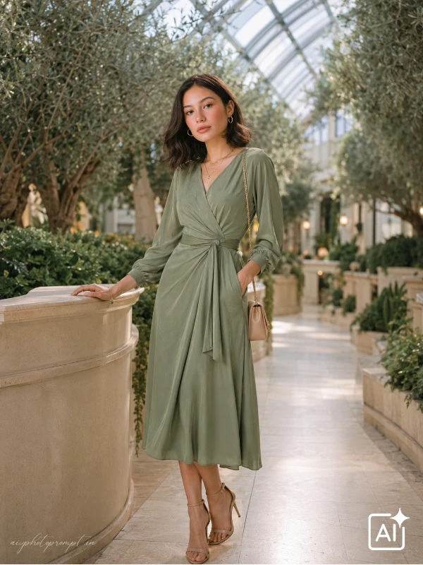 Girl in sage green silk wrap dress walking through glass conservatory garden, soft dreamy mood
