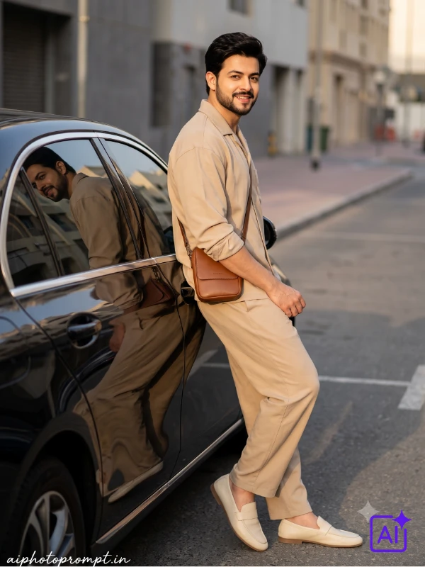 Indian boy in beige co-ord set standing beside black sedan with reflection in door, cinematic classy mood