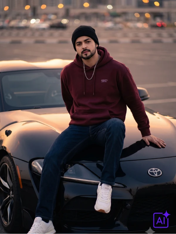 Indian boy in burgundy hoodie sitting on black Toyota Supra bonnet, dusk city lights, golden moody tone