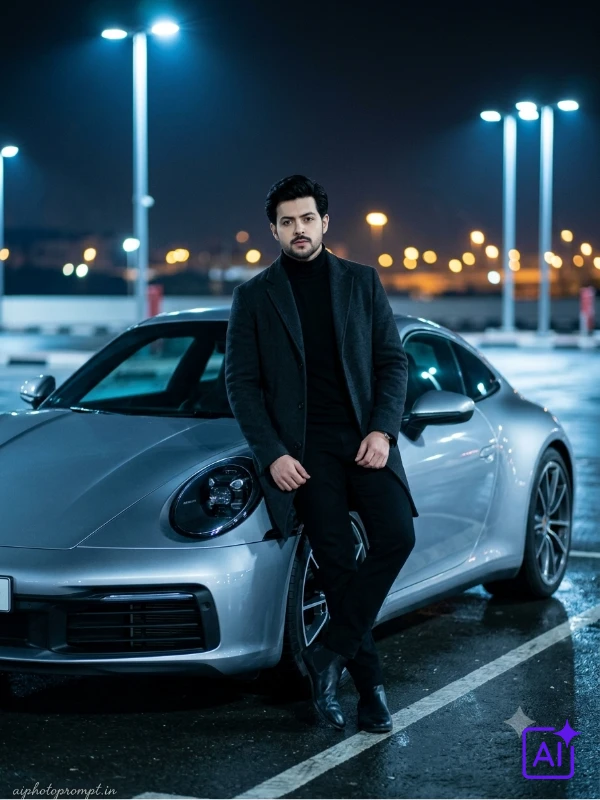 Indian boy in charcoal overcoat leaning on silver Porsche 911, night parking lot, cool luxe mood