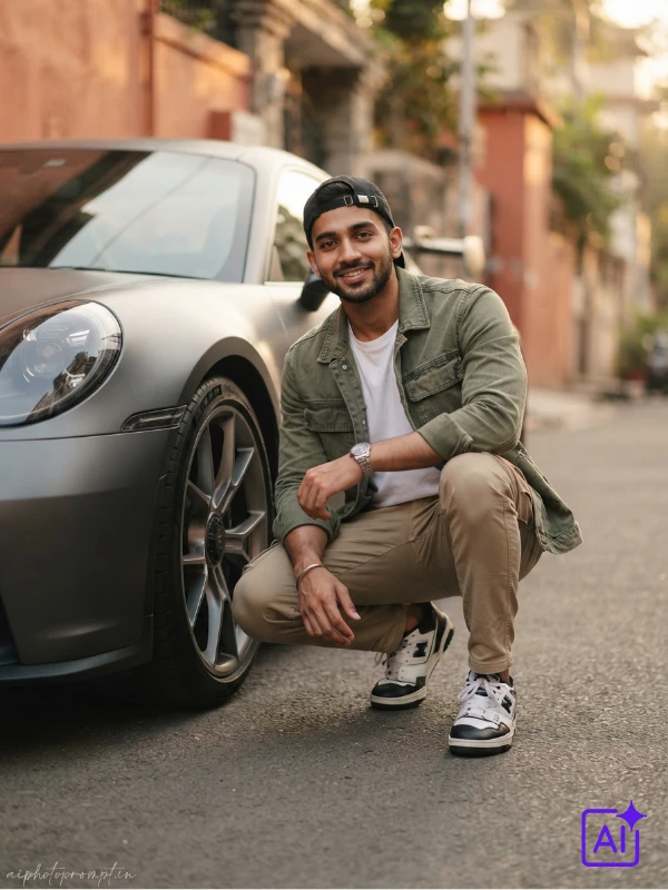 Indian boy in olive cargo jacket crouching beside matte grey sports car, terracotta alley wall, candid mood