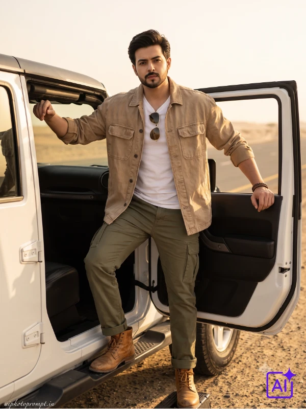 Indian boy in sand brown utility jacket beside white Jeep Wrangler on desert road, warm rugged mood
