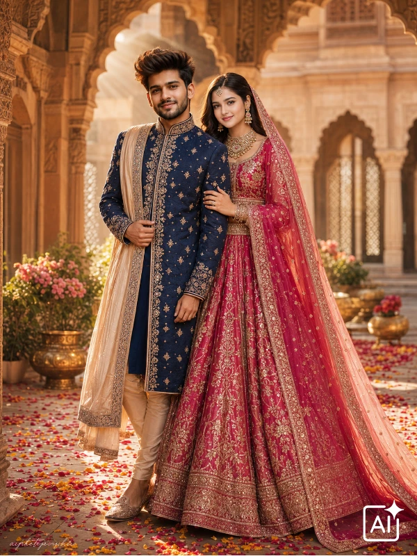 Indian bride and groom in blue and gold sherwani lehenga at golden hour palace courtyard, romantic mood
