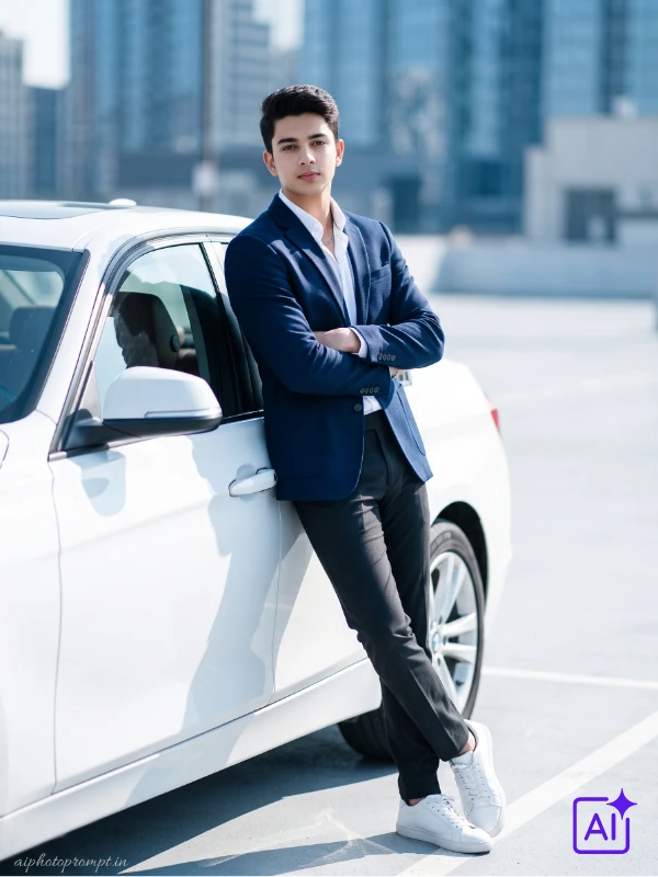 Indian man in navy blazer leaning on white BMW 3 Series door, urban afternoon, sharp editorial mood