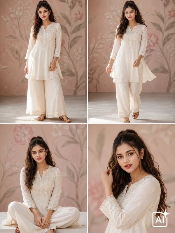 Indian woman in cream anarkali kurta near blush pink floral wall, dreamy festive mood