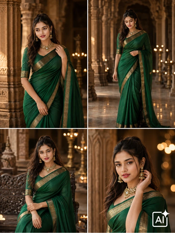 Indian woman in emerald silk saree inside palace courtyard with diyas, royal festive mood